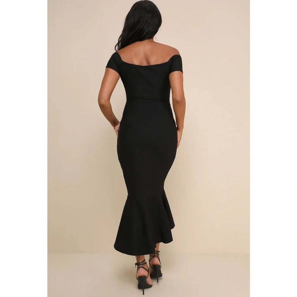 NWOT Lulu’s How Much I Care Black Off-the-Shoulder Midi Dress Medium Bodycon